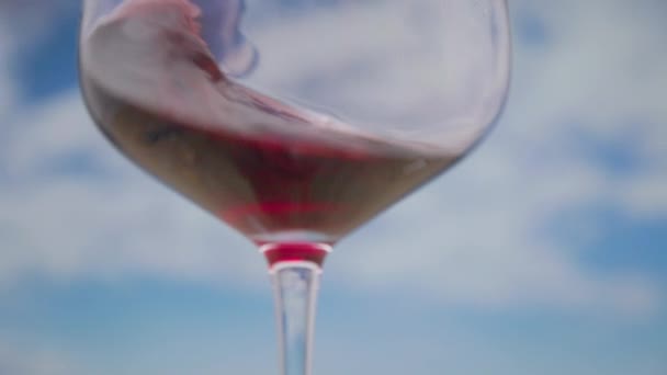 Kırmızı Şaraplı Bir Bardak Ağır Çekimde Döndürülmüş Arkasında Bulutlar Var — Stok video