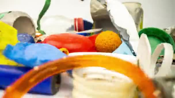 Panning Macro Zooming Moving Collection Plastic Rubbish Waste Items — Stock Video