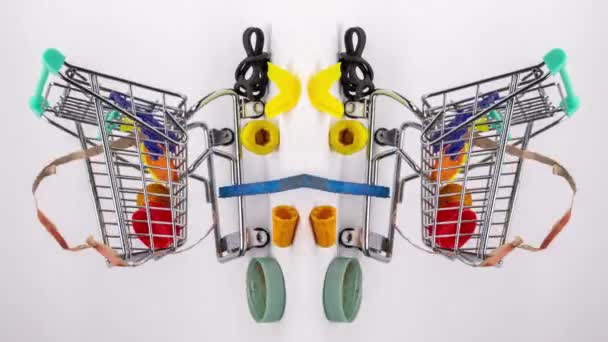 Macro Stop Motion Plastic Rubbish Waste Items Building Shopping Trolley — Stock Video