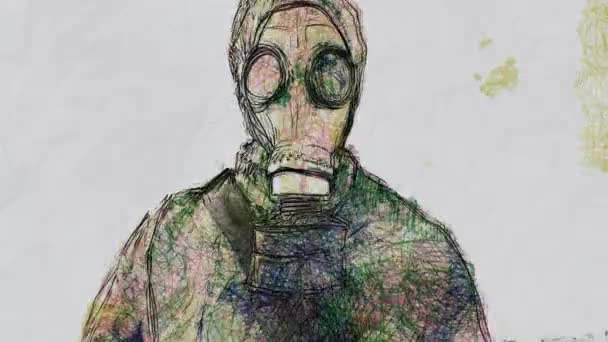 ガソリンのスーツを着た男と手描きの重ね塗りのパターンで周りを見回すマスク — ストック動画