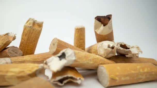 Sigara Izmaritleri Beyaz Arka Planda Birikiyor — Stok video