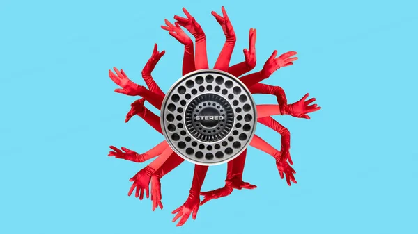 Cutout Arms Red Gloves Made Hypnotic Circular Pattern Audio Speaker — Stock Photo, Image