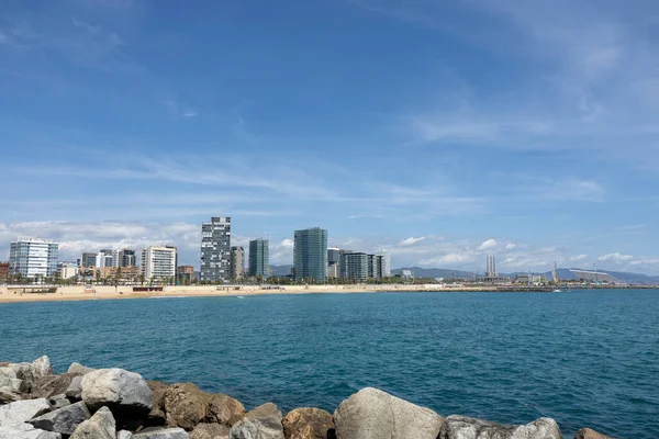 Timelapse Utsikt Över Barcelona Skyline Och Stranden Morgonen — Stockfoto