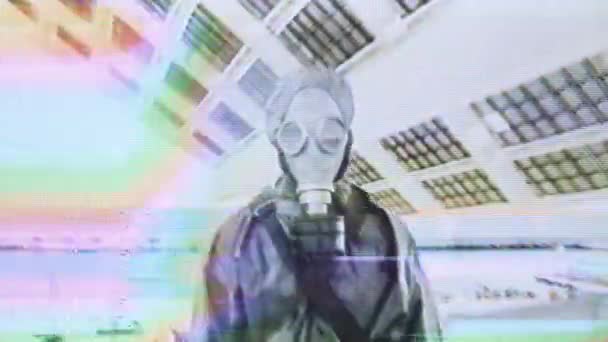 Man Gas Suit Chemical Gas Attack Looking Overlayed Glitch Distortion — Stock Video