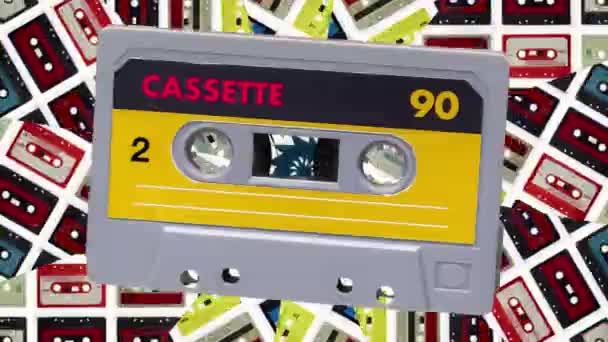 Sekvens Kassettband Med Vintage Etiketter Och Abstrakt Bakgrund — Stockvideo