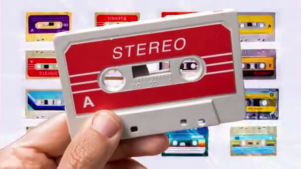 ラベルにステレオが書かれたレトロなカセットテープ — ストック動画