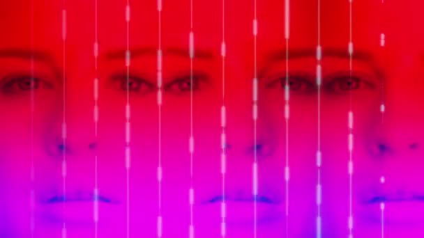 顔の技術とスキャンデータで画面を横断する女性の顔のパンニング — ストック動画