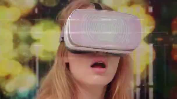 Looping Shot Woman Wearing Headset Looking Metaverse Overlayed Heads Display — Stock Video