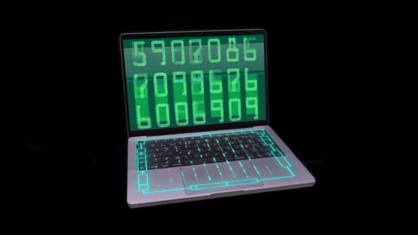 Spinning Modern Laptop Overlayed Code Scanning Data — Stock videók
