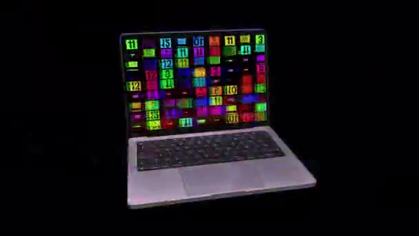 Spinning Modern Laptop Numbers Data Screen — Stockvideo