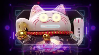 Lucky beckoning manejo neto cat with overlayed cyberpunk data and code 