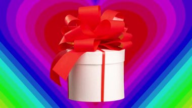 A gift box with red bow spinning against heart background