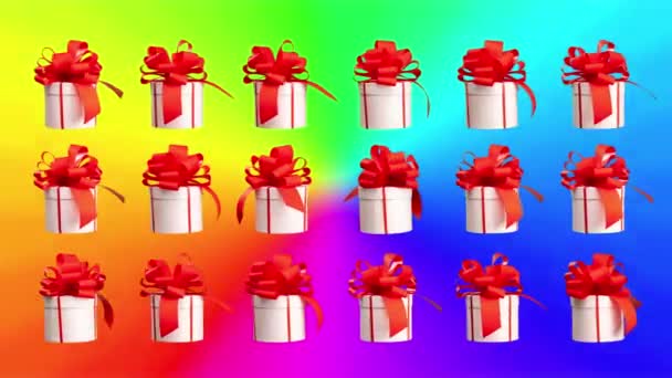 Collection Gift Boxes Red Bow Spinning Rainbow Background — Stock videók
