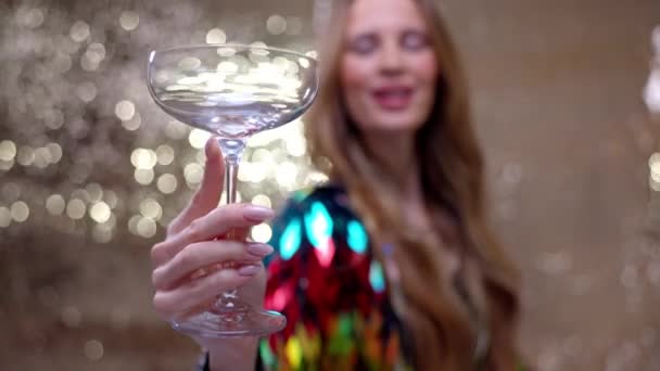 Stylish Pretty Woman Holding Glass Fills Champagne — Stockvideo