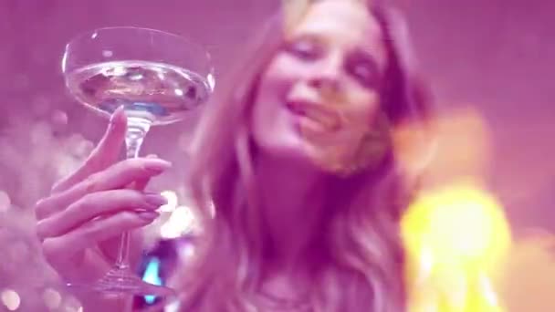 Stylish Pretty Woman Dancing Holding Glass Champagne — 비디오