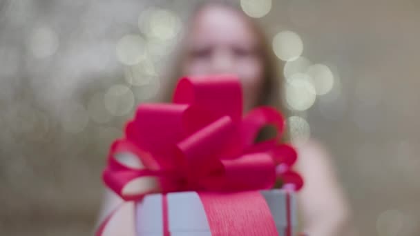Beautiful Woman Gift Box Red Bow — Video Stock
