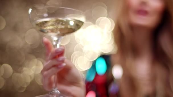 Stylish Pretty Woman Dancing Holding Glass Champagne — Wideo stockowe