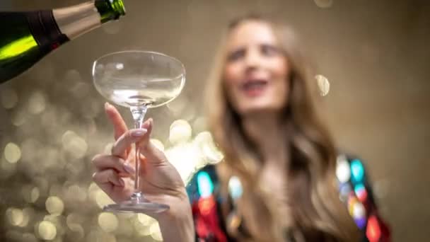 Stylish Pretty Woman Holding Glass Fills Champagne — 图库视频影像