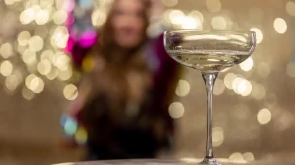 Stylish Pretty Woman Out Focus Dancing Glass Champagne — Vídeo de Stock