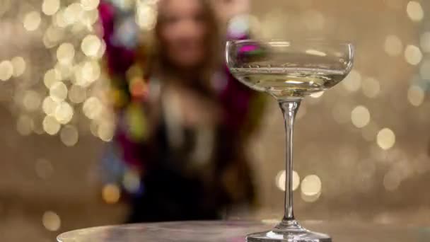 Stylish Pretty Woman Out Focus Dancing Glass Champagne — Vídeo de Stock