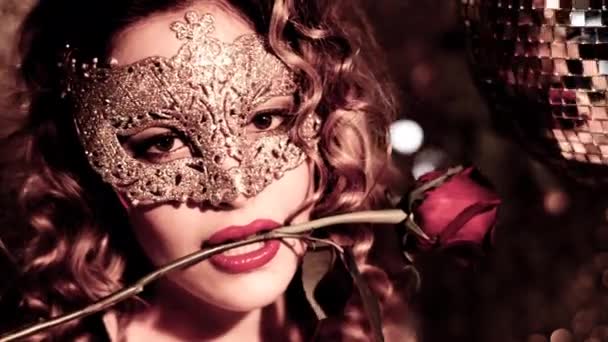 Beautiful Woman Wearing Gold Masquerade Mask Dancing Rose — Video Stock