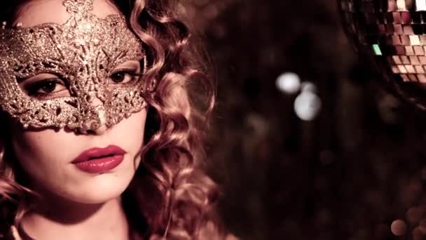 Beautiful Woman Wearing Gold Masquerade Mask Dancing — Stock Video