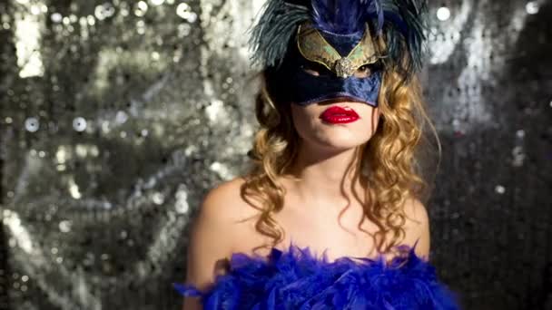 Beautiful Woman Wearing Gold Masquerade Mask Dancing — Αρχείο Βίντεο