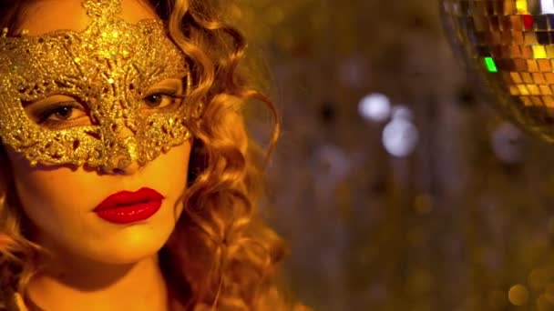 Beautiful Woman Wearing Gold Masquerade Mask Dancing — Wideo stockowe