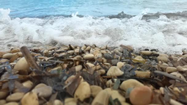 Медленное Движение Камней Булыжников Пляже Морем Мере Приближения Прилива — стоковое видео