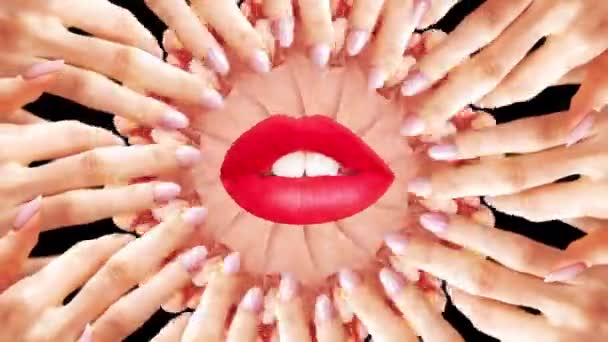 Вырезанные Женские Руки Сделанные Гипнотический Круговой Узор Красными Губами Посередине — стоковое видео