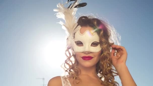 Beautiful Woman Wearing Masquerade Mask Dancing — Stock video