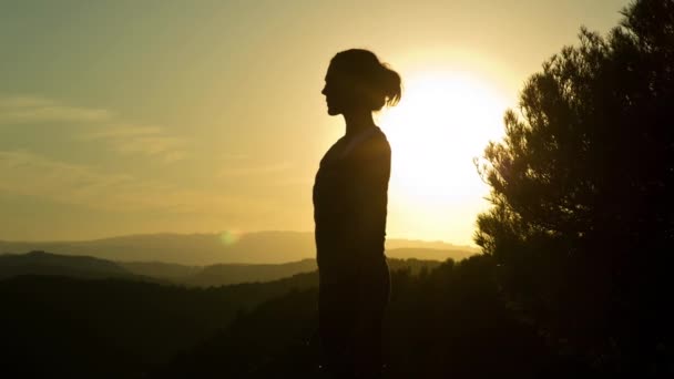 Female Practicing Yoga Beautiful Nature Setting Top Mountain Sunset — Stockvideo