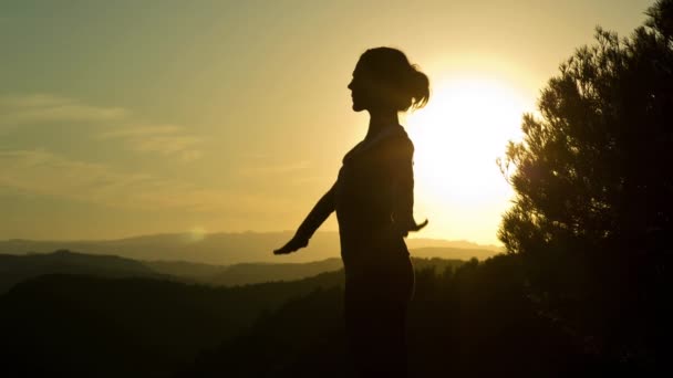 Female Practicing Yoga Beautiful Nature Setting Top Mountain Sunset — Vídeo de Stock