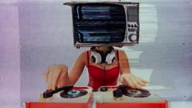 Amazing female dj with a television as a head, overlayed with distortion
