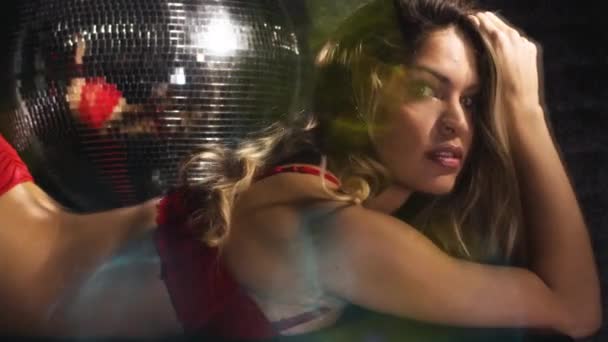 Female Red Lingerie Posing Boudoir Disco Setting — Stock Video
