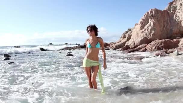 Piękna Kobieta Bikini Tańcząca Pozująca Plaży — Wideo stockowe