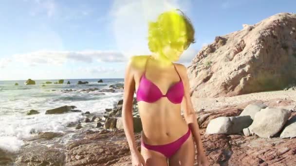Beautiful Woman Bikini Dancing Posing Beach — Stock video