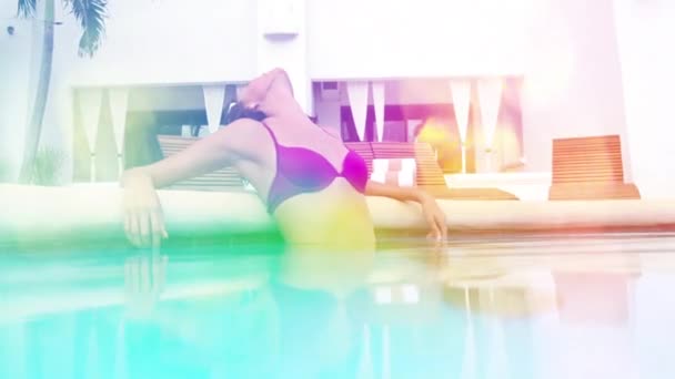 Beautiful Woman Bikini Posing Swimming Pool Filmed Water — Vídeos de Stock