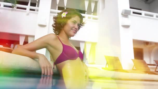 Beautiful Woman Bikini Posing Swimming Pool Filmed Water — 图库视频影像