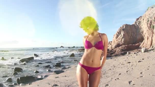 Beautiful Woman Bikini Dancing Posing Beach — Stock video