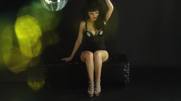 Beautiful Burlesque Woman Dancing Covered Disco Lights — Vídeos de Stock