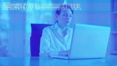 A female business woman with technology code overlayed