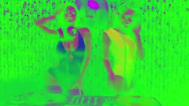 Two beautiful disco women with djing with turntables. Useful for fashion, beauty, music and events