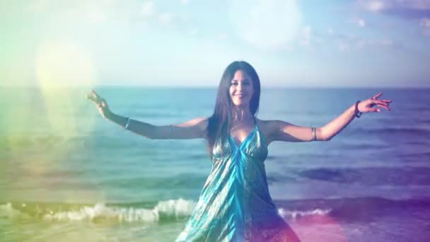 Beautiful Balearic Woman Dancing Sunrise Beach — Vídeos de Stock