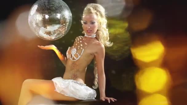 Beautiful Burlesque Woman Dancing Covered Disco Lights — 비디오