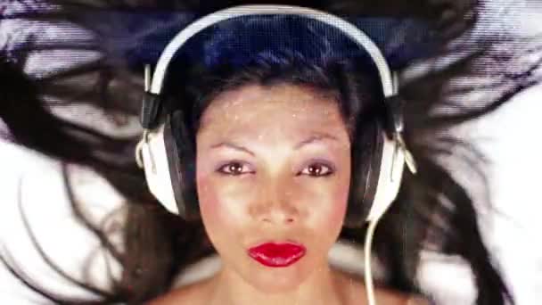 Beautiful Female Changing Vintage Headphones — Stock Video