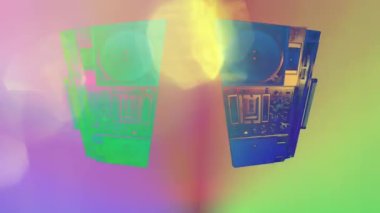 A ghettoblaster stereo spinning with colourful lights overlayed