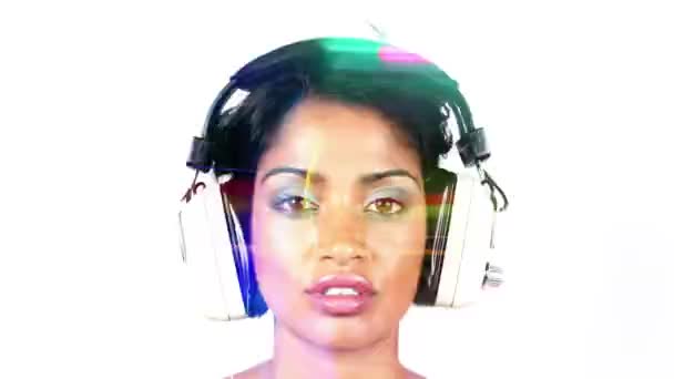 Different Male Female Heads Overlayed Glitching Changing Vintage Headphones — Stock Video