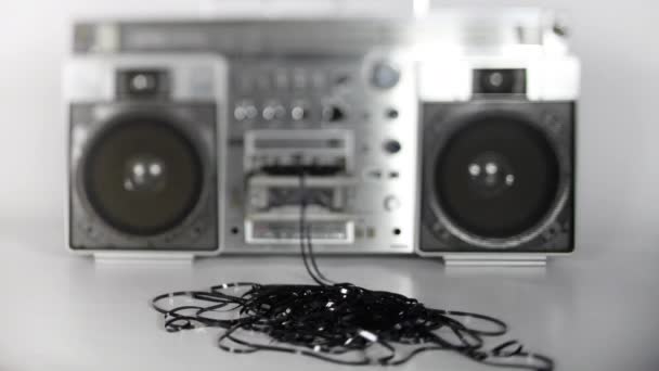 Retro Ghettoblaster Cassette Tape Spilling Out Floor — 图库视频影像