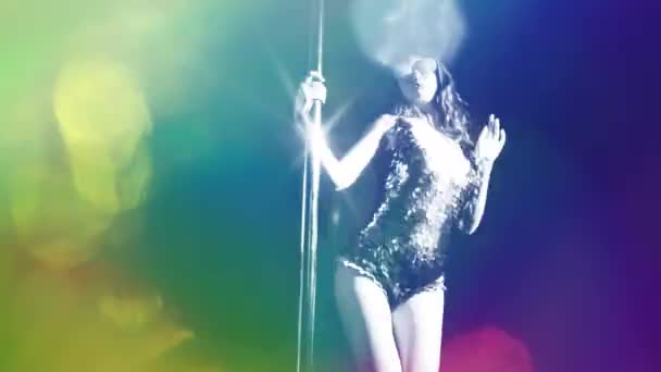 Female Pole Dancer Overlayed Disco Lights — Stock video